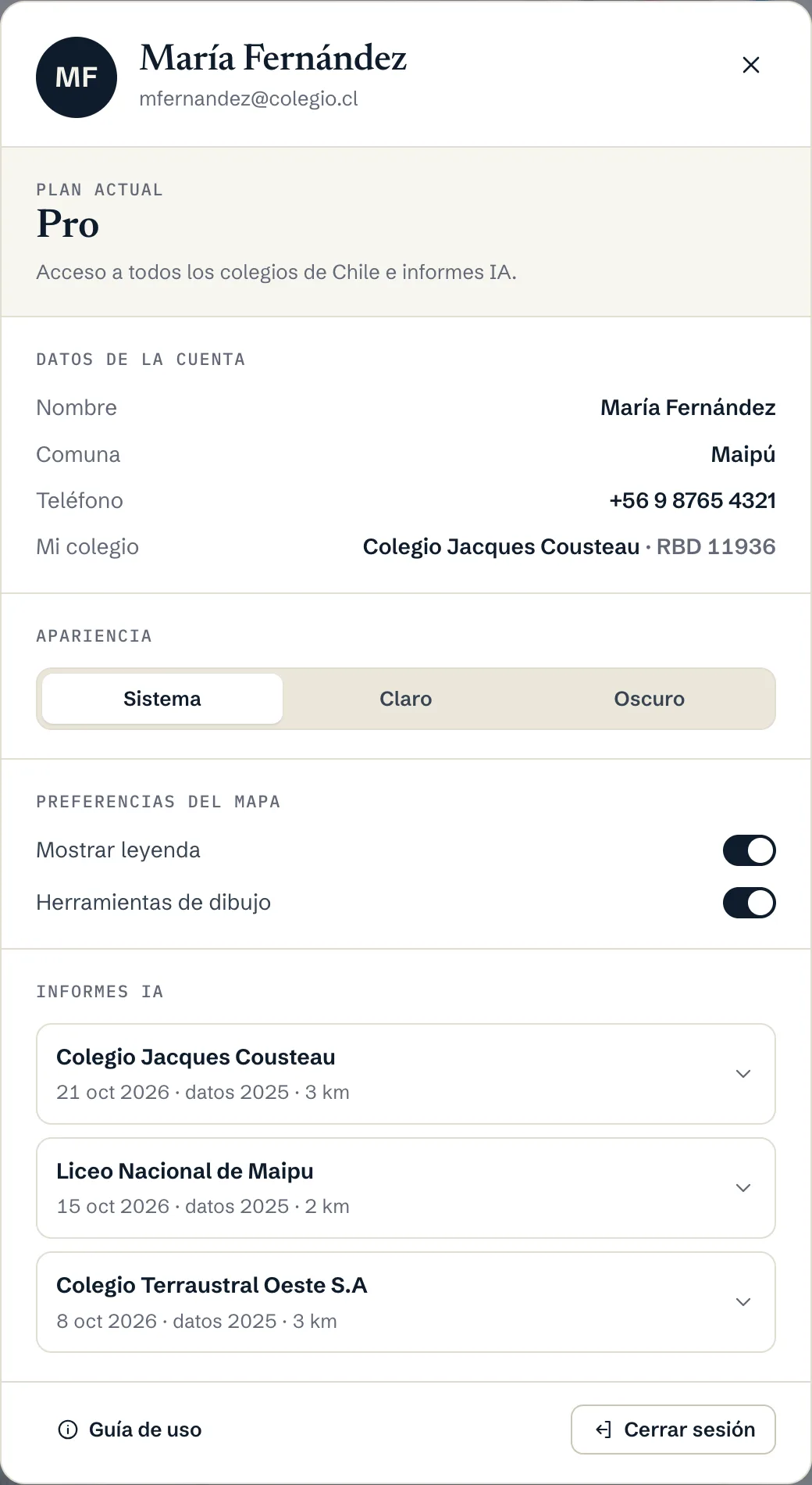Ventana Mi cuenta con el plan Pro, los datos de la cuenta, mi colegio, la apariencia y el historial de informes IA